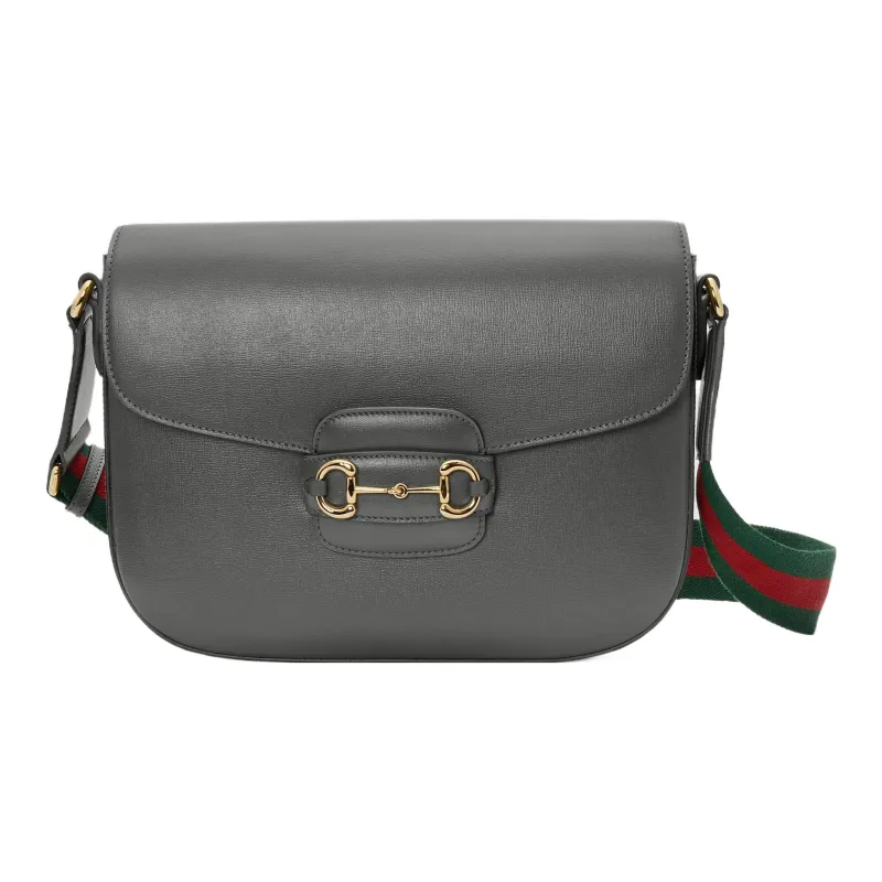 GUCCI Horsebit 1955 Leather Messenger Bag, Crossbody Bag, Shoulder Bag Men's Gray-0