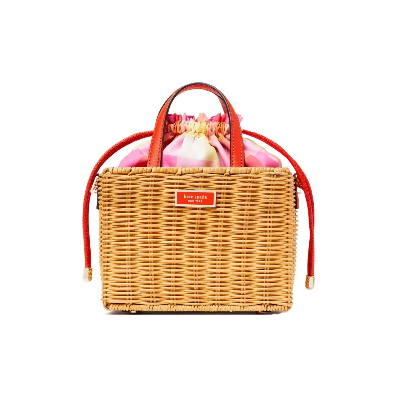 Kate Spade Rattan Small Square Bag One Shoulder Handbag Mini Women's Pink With Light Brown Accents-0