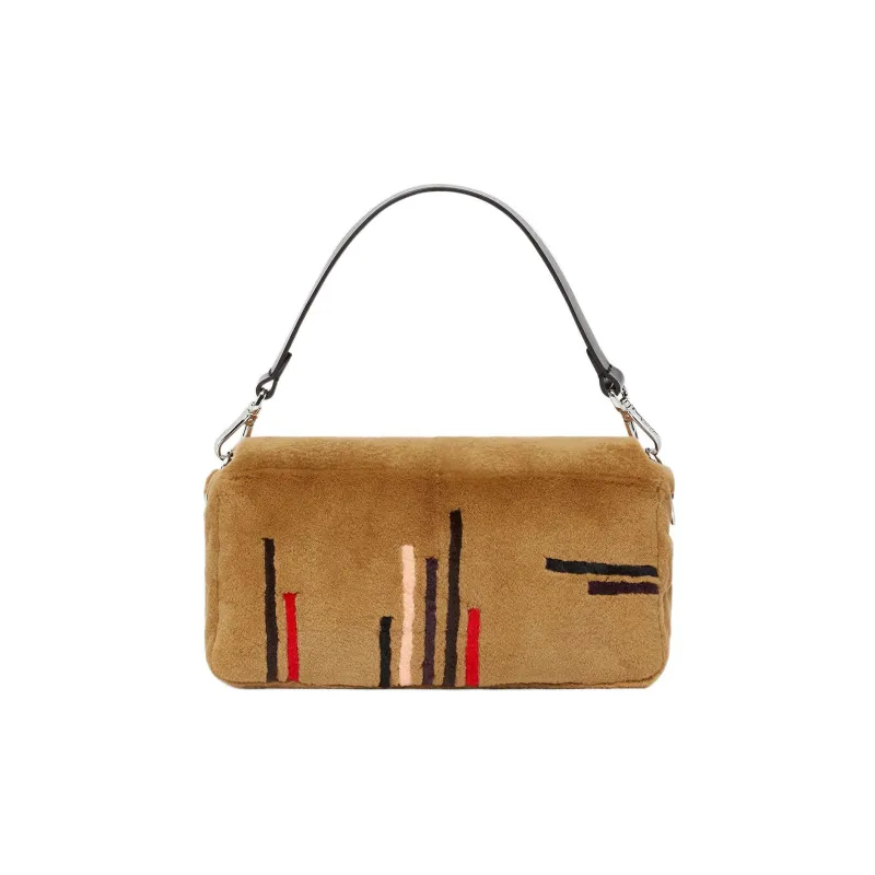 FENDI Baguette Mink Fur Cow Leather Patchwork Portable Crossbody Bag Shoulder Bag Medium Size Women's Brown-2