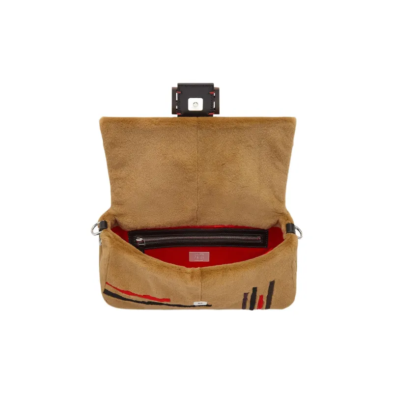 FENDI Baguette Mink Fur Cow Leather Patchwork Portable Crossbody Bag Shoulder Bag Medium Size Women's Brown-3