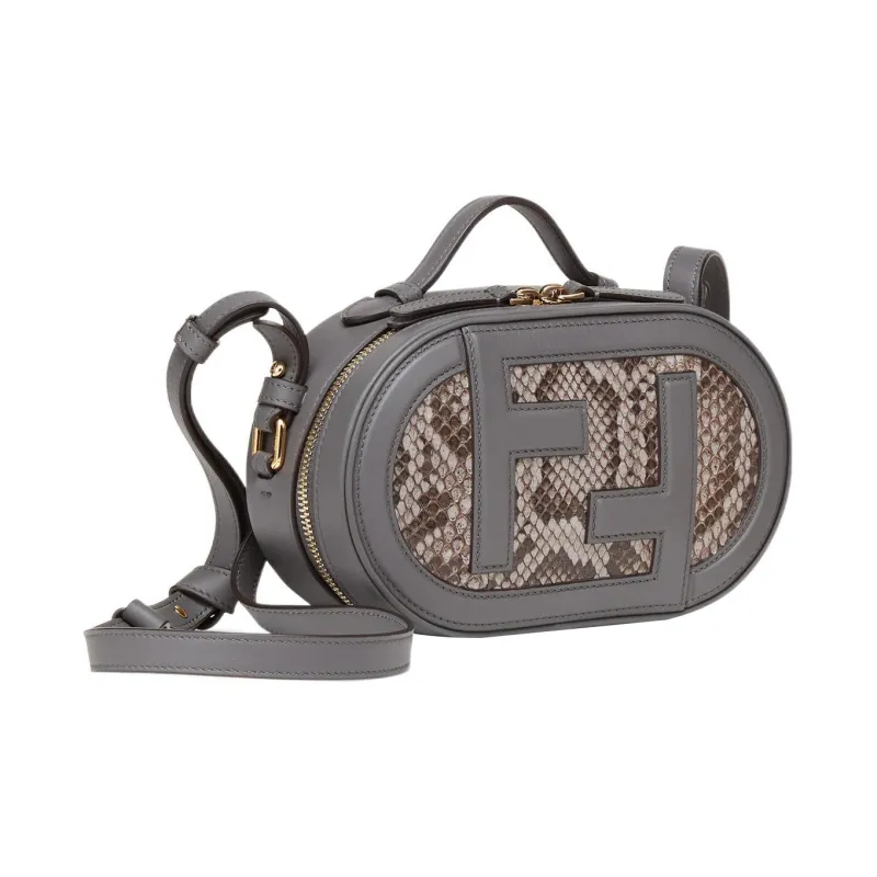 FENDI O'Lock Cow Leather Patchwork Snake Leather Camera Bag Handbag Shoulder Bag Crossbody Bag Mini Women's Gray-1