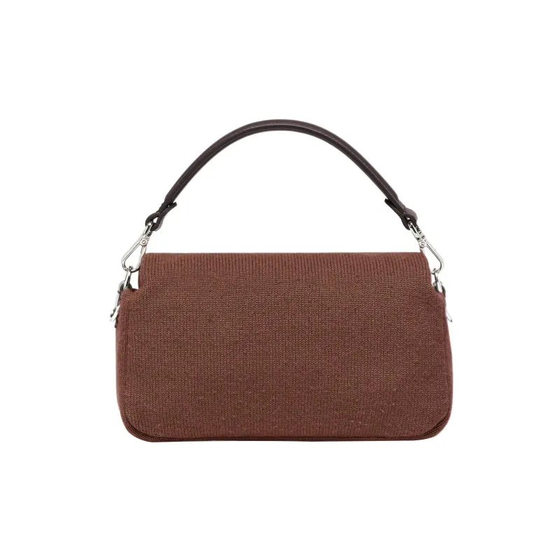 FENDI Baguette Fabric Cow Leather Patchwork Portable Crossbody Bag Shoulder Bag Medium Size Women's Brown-2