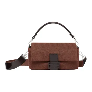 FENDI Baguette Fabric Cow Leather Patchwork Portable Crossbody Bag Shoulder Bag Medium Size Women's Brown