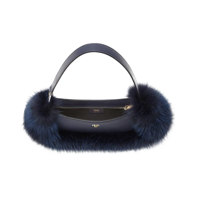 FENDI O'Lock Swing Fox Fur Calfskin Shoulder Bag, Handheld Shoulder Bag Women's Dark Blue-3