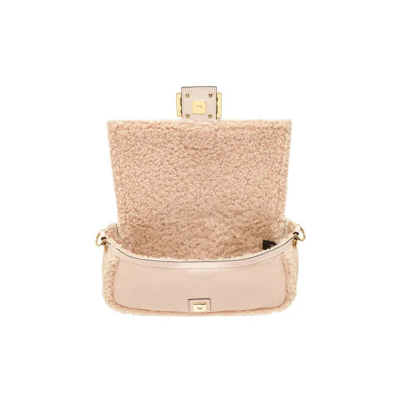 FENDI Baguette Lambskin Mixed Sheep Wool Portable Crossbody Bag Shoulder Bag Women's Light Pink Red-4
