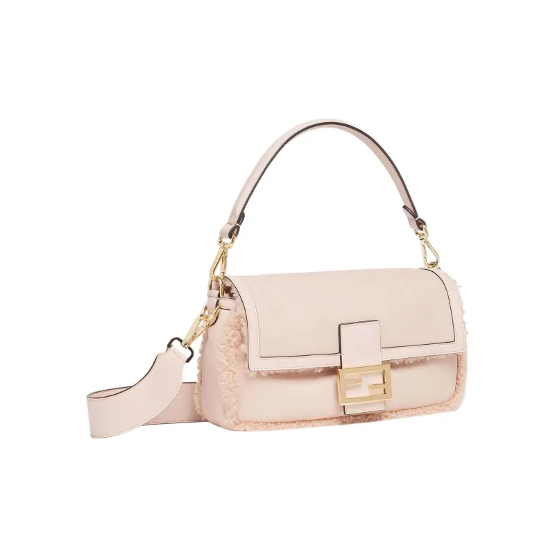 FENDI Baguette Lambskin Mixed Sheep Wool Portable Crossbody Bag Shoulder Bag Women's Light Pink Red-1