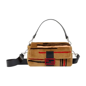 FENDI Baguette Mink Fur Cow Leather Patchwork Portable Crossbody Bag Shoulder Bag Medium Size Women's Brown