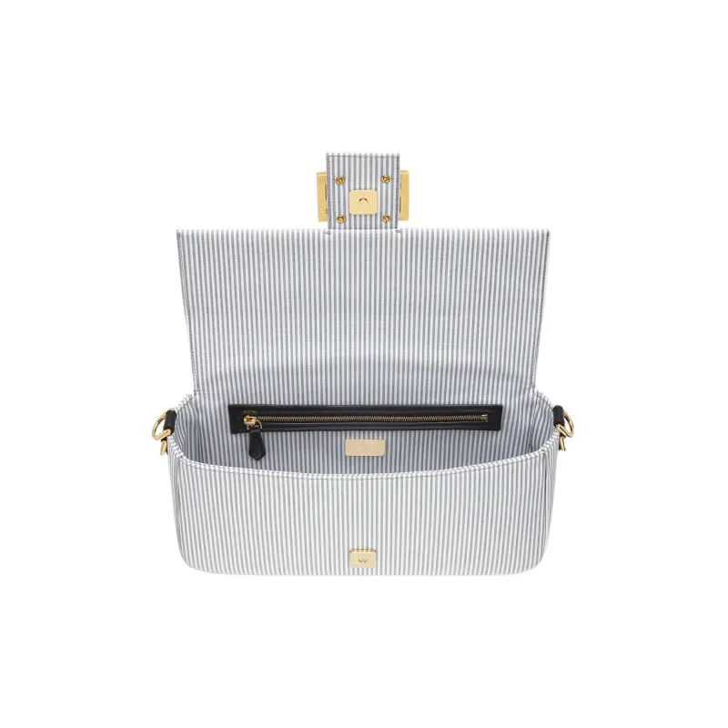 FENDI Baguette Fabric Cow Leather Patchwork Portable Crossbody Bag Shoulder Bag Medium Size Women's Light Blue-3