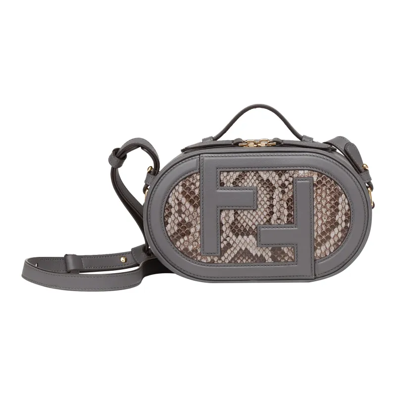FENDI O'Lock Cow Leather Patchwork Snake Leather Camera Bag Handbag Shoulder Bag Crossbody Bag Mini Women's Gray-0