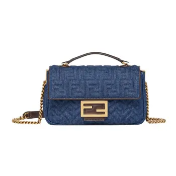 FENDI Baguette Fabric Cow Leather Patchwork Portable Crossbody Bag Shoulder Bag Women's Dark Blue