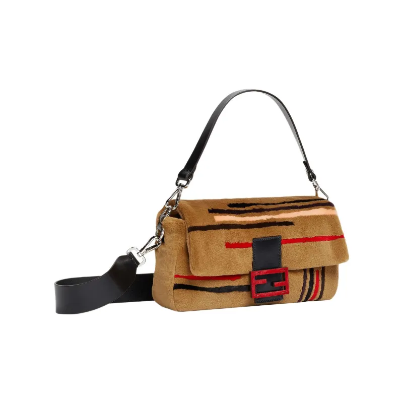 FENDI Baguette Mink Fur Cow Leather Patchwork Portable Crossbody Bag Shoulder Bag Medium Size Women's Brown-1