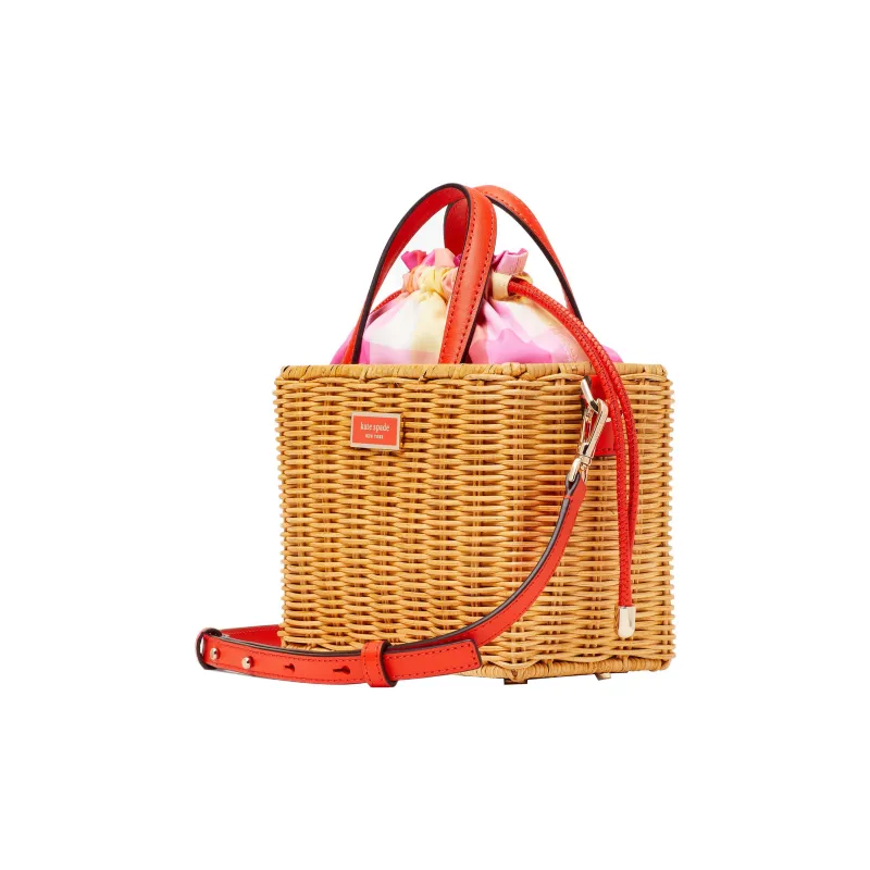 Kate Spade Rattan Small Square Bag One Shoulder Handbag Mini Women's Pink With Light Brown Accents-1