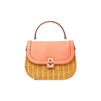 Kate Spade Gracie Rattan Cow Leather Patchwork Shoulder Bag Crossbody Bag Handbag Medium Size Women's Pink & Brown