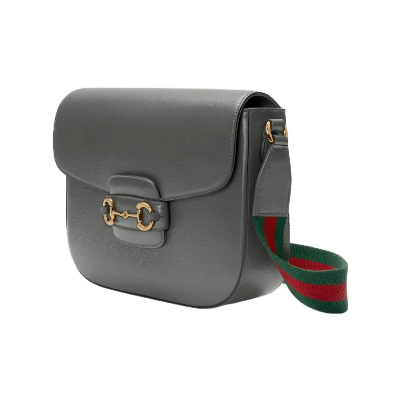 GUCCI Horsebit 1955 Leather Messenger Bag, Crossbody Bag, Shoulder Bag Men's Gray-1