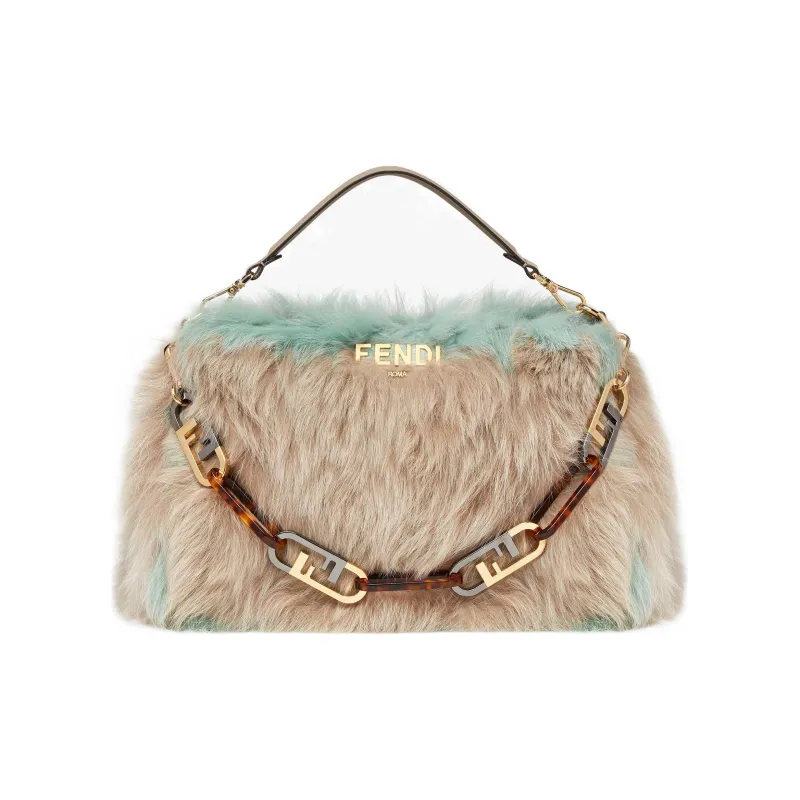 FENDI O'Lock Fox Fur Cow Leather Patchwork One Shoulder Handbags Women's Multicolor-0