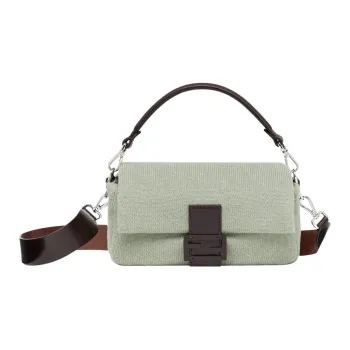 FENDI Baguette Fabric Cow Leather Patchwork Portable Crossbody Bag Shoulder Bag Medium Size Women's Mint Green