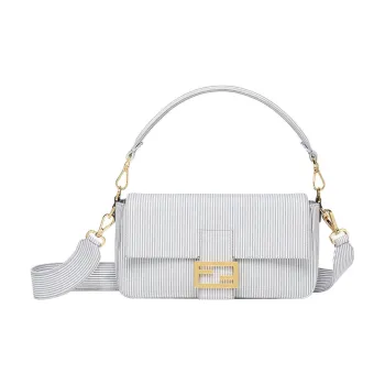 FENDI Baguette Fabric Cow Leather Patchwork Portable Crossbody Bag Shoulder Bag Medium Size Women's Light Blue