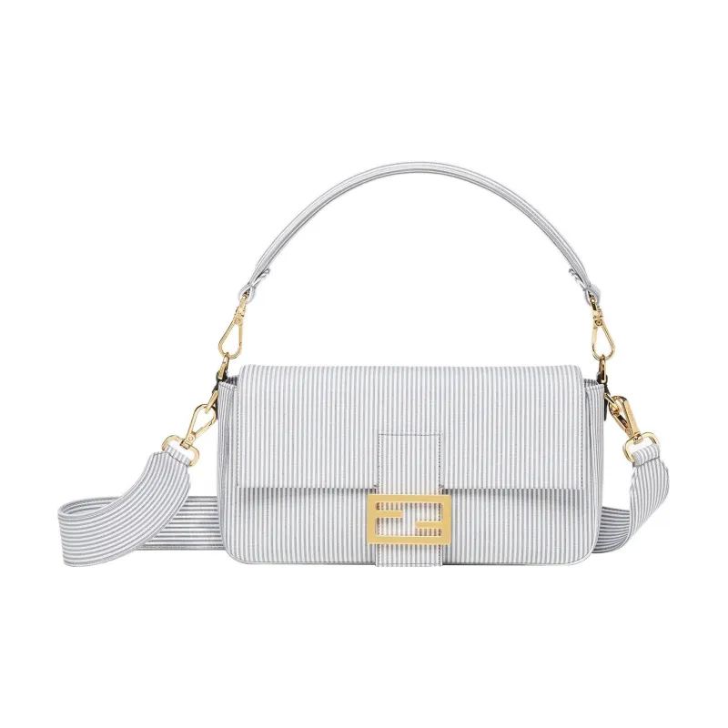 FENDI Baguette Fabric Cow Leather Patchwork Portable Crossbody Bag Shoulder Bag Medium Size Women's Light Blue-0
