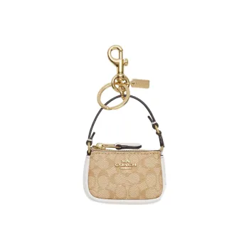 COACH Bag Charm Coated Canvas With Calfskin Pendant Bag Accessory Women's Gold & Khaki