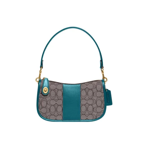 COACH Swinger Fabric With Leather Shoulder Bag Crossbody Bag Handbag Medium Size Women's Gray & Blue