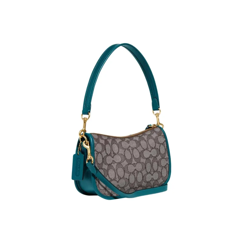 COACH Swinger Fabric With Leather Shoulder Bag Crossbody Bag Handbag Medium Size Women's Gray & Blue-1