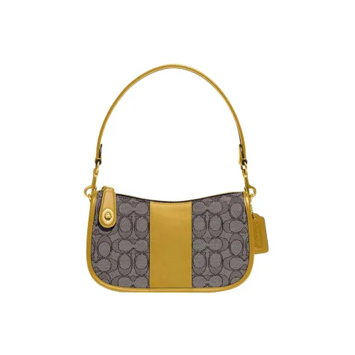 COACH Swinger Fabric With Leather Shoulder Bag Crossbody Bag Handbag Medium Size Women's Gray & Yellow