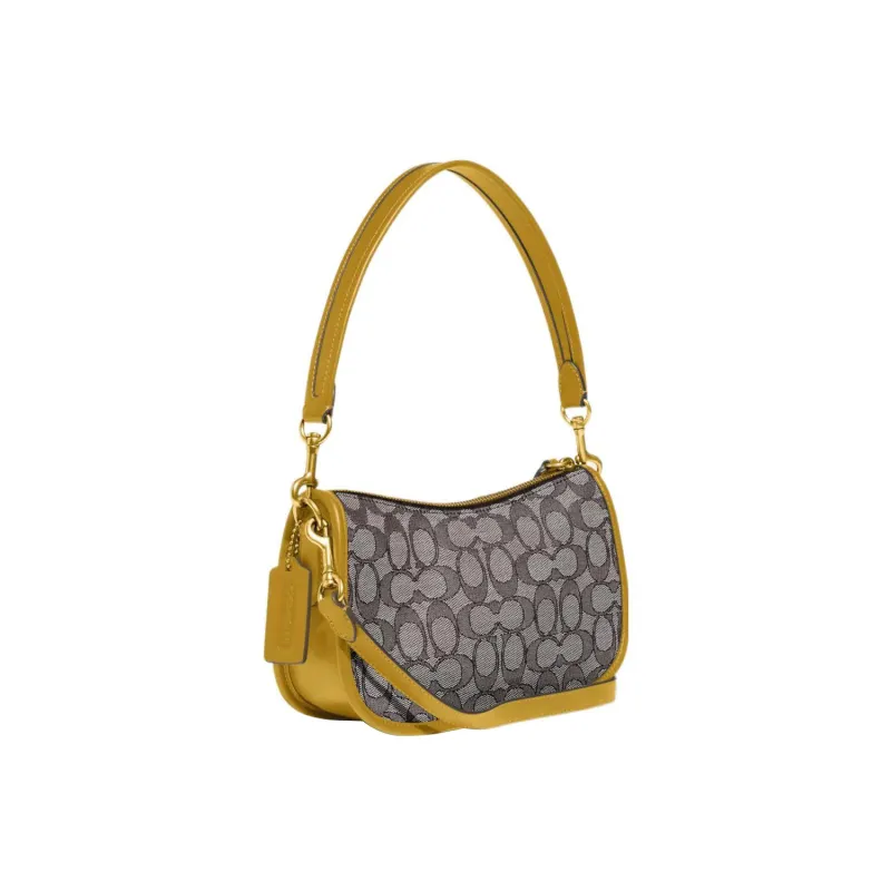 COACH Swinger Fabric With Leather Shoulder Bag Crossbody Bag Handbag Medium Size Women's Gray & Yellow-1