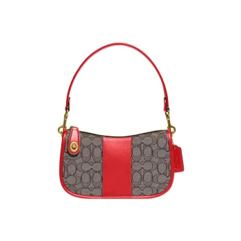 COACH Swinger Fabric With Leather Shoulder Bag Crossbody Bag Handbag Medium Size Women's Gray & Red