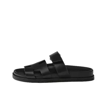 HERMES Chypre Sandal Noir Calfskin Leather Women's