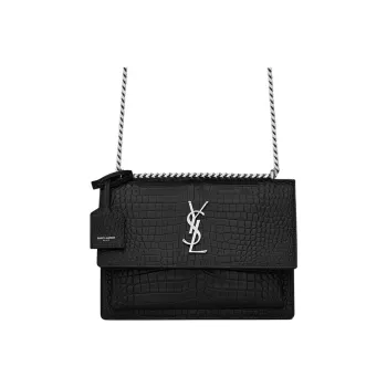 SAINT LAURENT Sunset Crocodile Embossed Shiny Leather Medium Black