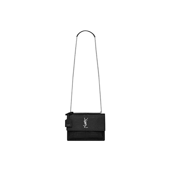 SAINT LAURENT Sunset Crocodile Embossed Shiny Leather Medium Black-1