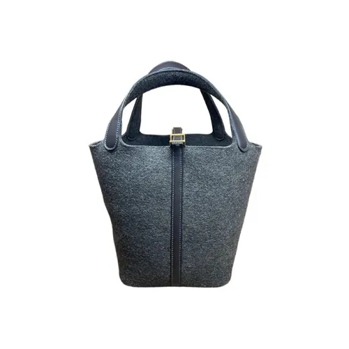 HERMES Picotin Wool Felt With Swift Leather Basket Bag Handbag Bucket Bag Women's 46 Ebony Wood Ardenne
