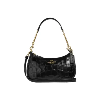 COACH Teri Crocodile Pattern Embossed Leather Shoulder Bag, Handbag, Shoulder Bag Women's Solid Color Black