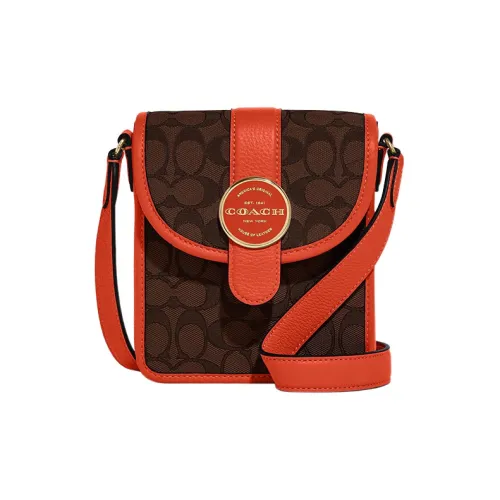COACH Lonnie Jacquard Fabric With Pebbled Leather Shoulder Bag, Crossbody Bag Mini Women's Brown & Mango