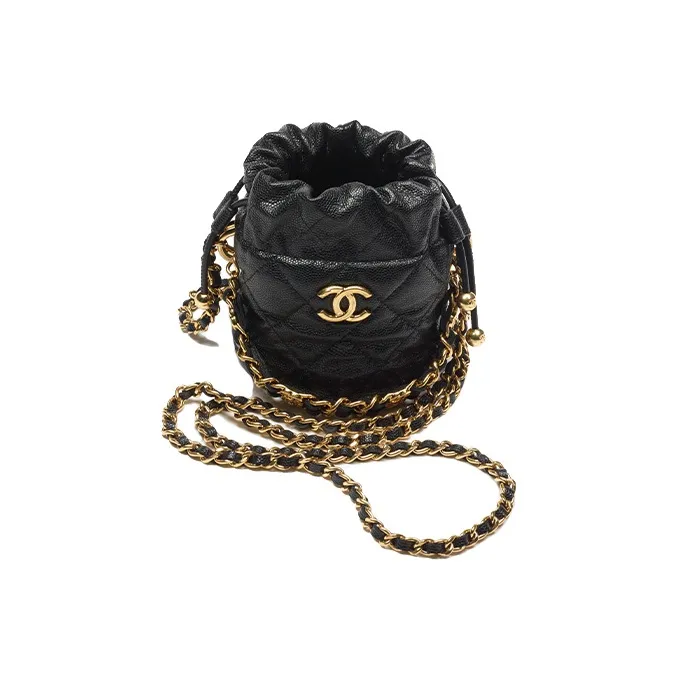 CHANEL 22K Autumn And Winter Grain Embossed Calfskin Bucket Bag, One Shoulder Crossbody Clutch Women's Black-2