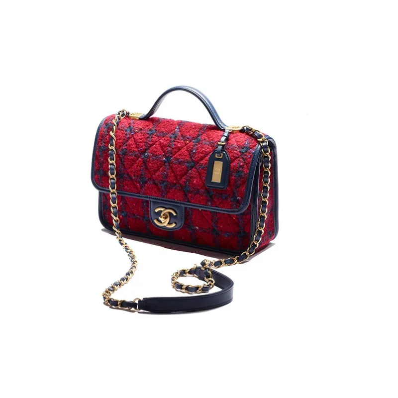 CHANEL Wool With Woolen Handbag, Shoulder Bag, Crossbody Bag Trumpets Women's Red & Marine Blue-1