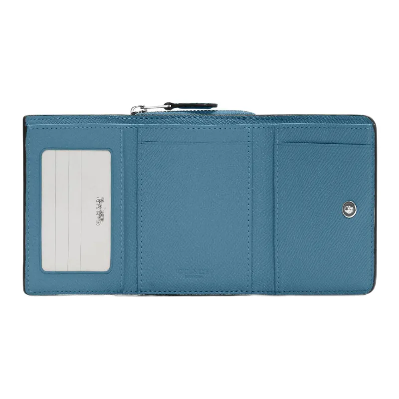 COACH Trifold Wallet Cross-Stitch Leather Flap Wallet Mini Women's Pacific Blue-1