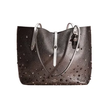 COACH Market Tote Metal Polished Pebbled Leather One Shoulder Handbags Large Size Women's Metal Graphite