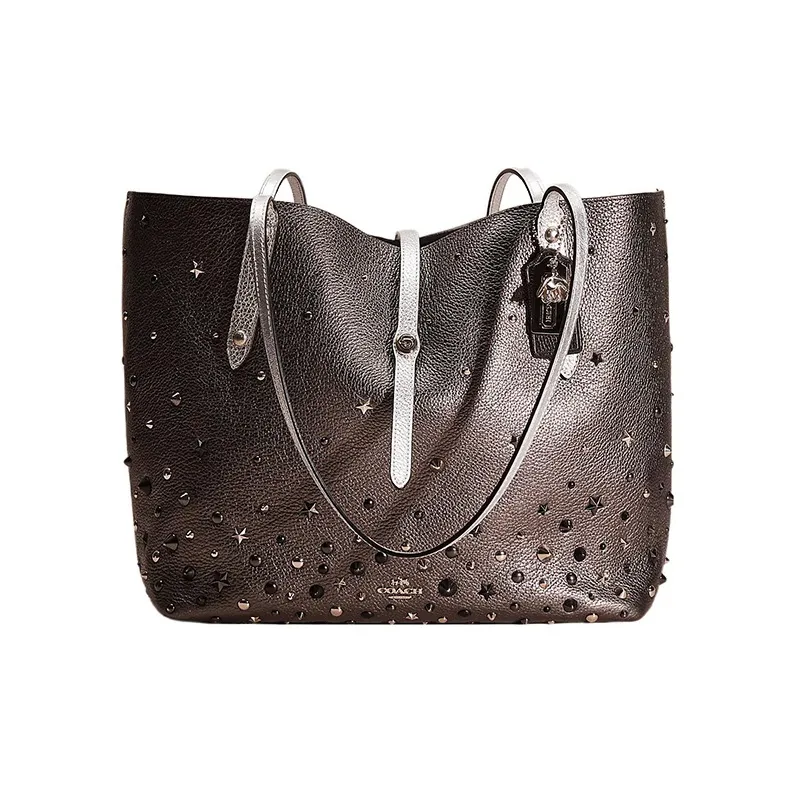 COACH Market Tote Metal Polished Pebbled Leather One Shoulder Handbags Large Size Women's Metal Graphite-0