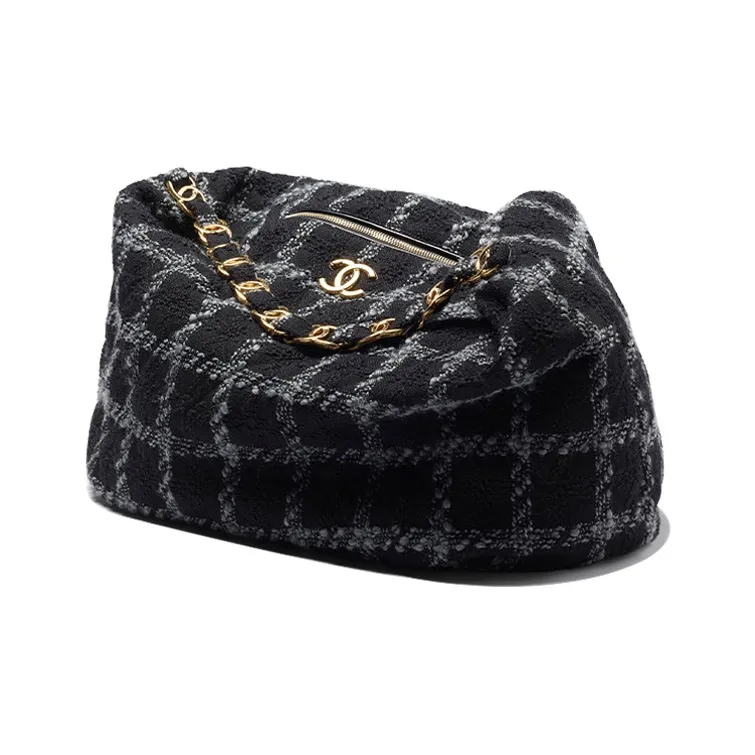 CHANEL 22K Autumn And Winter Wool Blended With Soft Woolen Hobo Bag, Handbag Extra Large Women's Black Gray-1