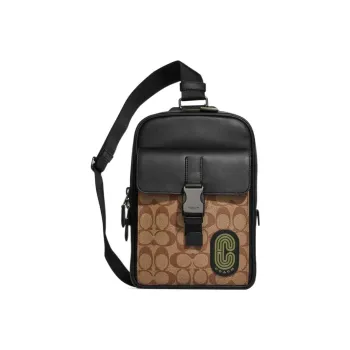COACH Track Coated Canvas With Smooth Cow Leather Shoulder Bag, Sling Bag Trumpets Men's Brown Monogram & Army Green