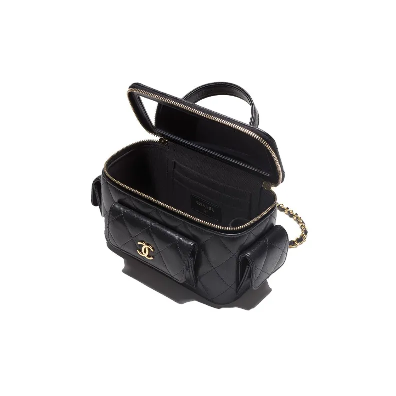 CHANEL Sheepskin Makeup Bag, Shoulder Bag, Crossbody Bag, Handbag Women's Black-1
