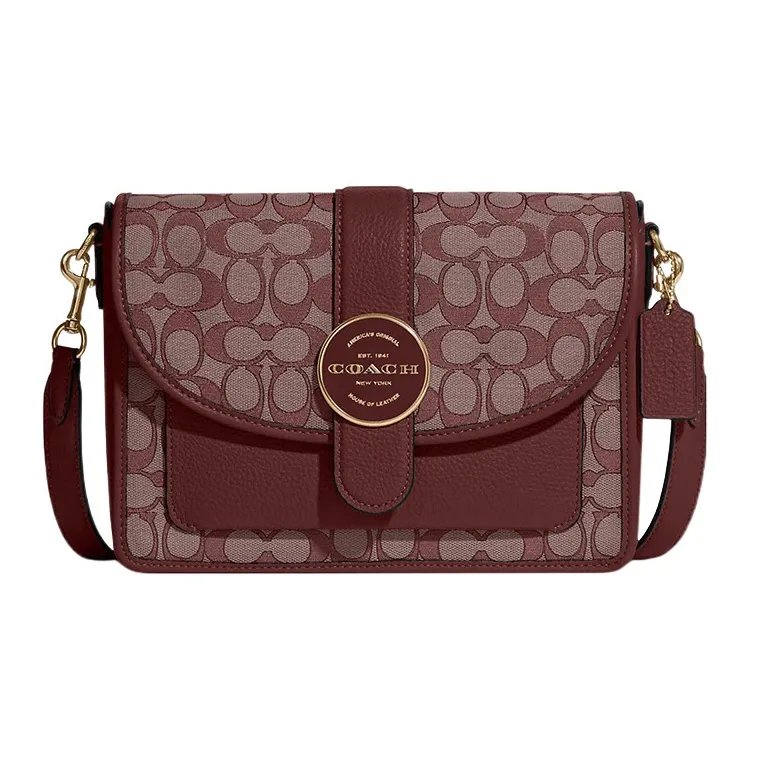 COACH Lonnie Jacquard Fabric With Pebbled Leather Shoulder Bag, Crossbody Bag Medium Size Women's Brown Red-0