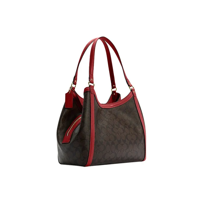 COACH Kristy Iconic Coated Canvas With Smooth Leather Bucket Bag, One Shoulder Handbag Tubas Women's Dark Brown & Red-1
