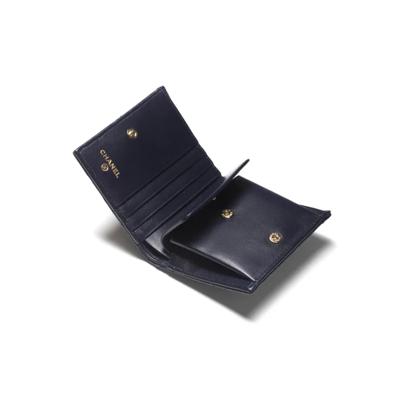 CHANEL 22K Autumn And Winter Grain Embossed Caviar Calfskin Wallet Trumpets Women's Dark Blue-2