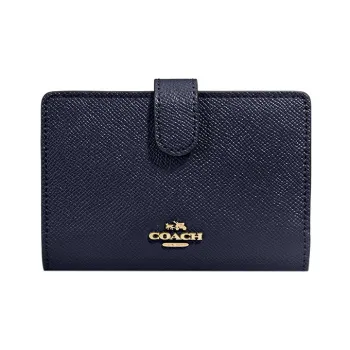 COACH Corner Zip Cross-Stitch Leather Wallet Medium Size Women's Navy