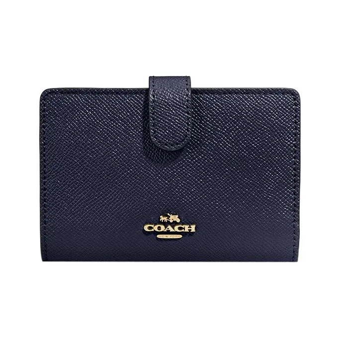COACH Corner Zip Cross-Stitch Leather Wallet Medium Size Women's Navy-0
