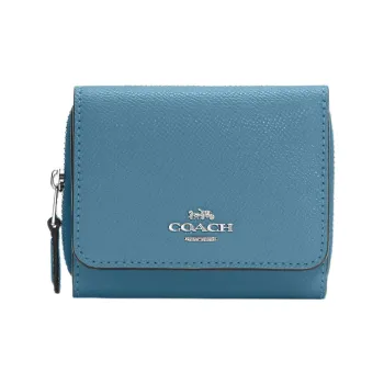 COACH Trifold Wallet Cross-Stitch Leather Flap Wallet Mini Women's Pacific Blue