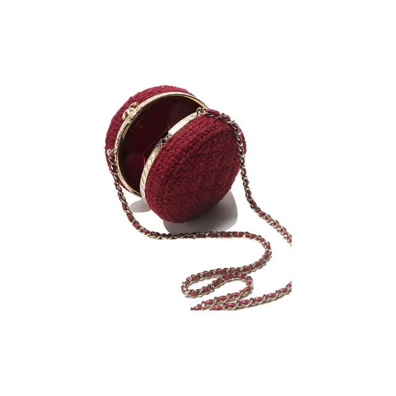 CHANEL Wool Twill Soft Woolen Round Bag, One Shoulder Crossbody Clutch Women's Burgundy-2