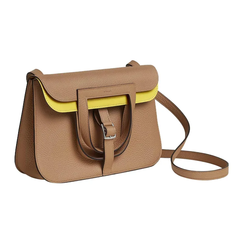 HERMES Halzan Clemence Bullock Leather Horse Shoe Bag Handbag Shoulder Bag Crossbody Bag Women's Milk Tea Beige/Lemon-1